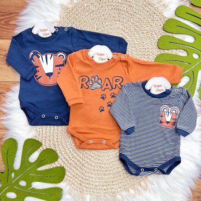 Kit 3 Peças - Bodys Manga Longa Tigre Roar - Ferrugem, Marinho e Listrado